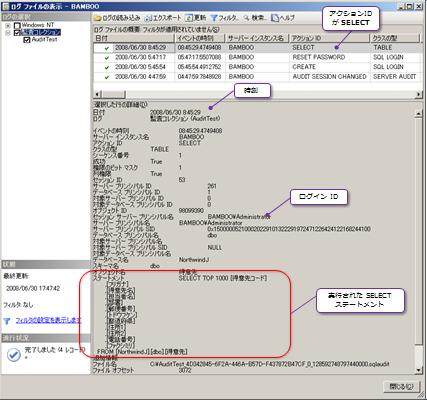 データベースに対する監査ログの表示例