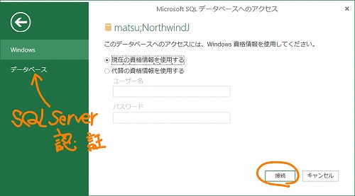 Microsoft SQL データベースへのアクセス ダイアログ